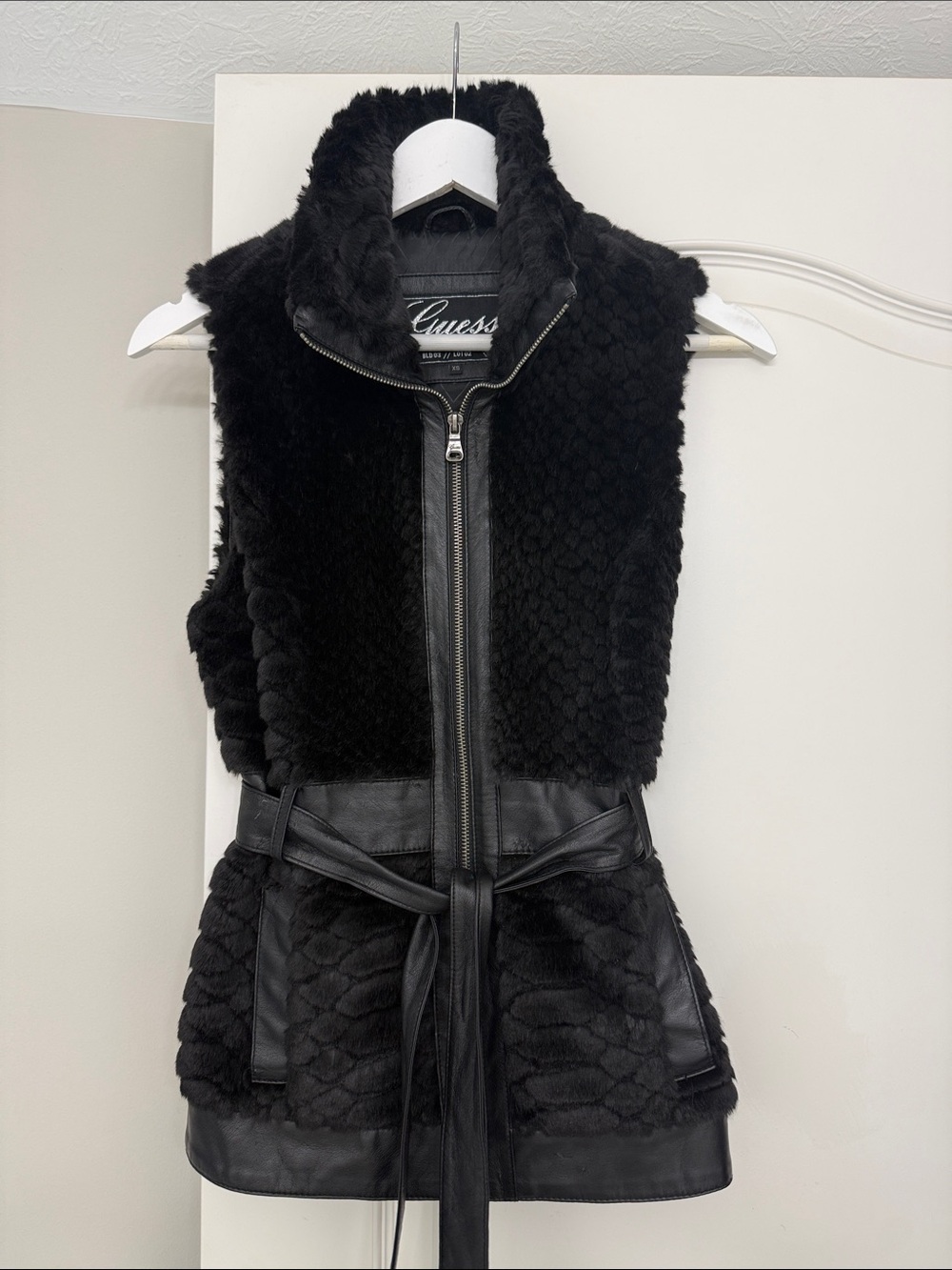 Guess Black Faux Fur Belted Vest with Leather Trim